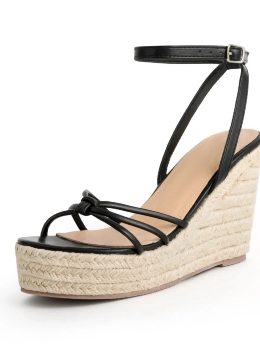 New! Women's Black Strappy Espadrille open-toe adjustable ankle strap wedges 8.5